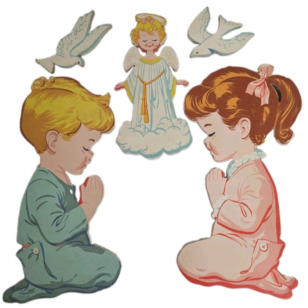 VTG 50s Dolly Toy Boy & Girl Praying Angel Doves Wall Decor Evening Prayer